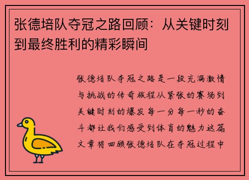 张德培队夺冠之路回顾：从关键时刻到最终胜利的精彩瞬间